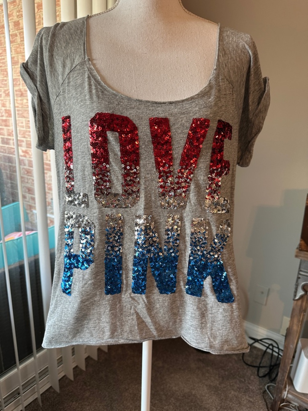 PINK Victoria's Secret Gray Tee with Red, Silver & Blue Sequin "LOVE PINK"